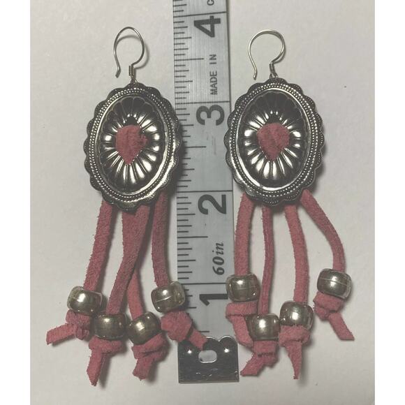 Vtg Womens Native American Belt Earrings Southwest Silver Concho Pink Cowhide - Picture 9 of 9